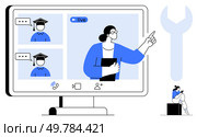 Teacher pointing at students on live stream screen while smaller figure uses phone. Ideal for online education, remote learning, virtual classrooms, digital training, webinars, global connectivity. Online education session with teacher pointing at students on large screen, small figure sitting with phone. Стоковая иллюстрация, агентство Ingram Publishing / Фотобанк Лори
