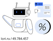 Friendly chatbot with antennae and speech bubbles containing binary code and text, percentage symbol, questioning icon. Ideal for AI, chatbots, customer support, data analysis, automation, machine. Friendly chatbot with speech bubbles, binary codes, and percentage symbol representing AI interaction. Стоковая иллюстрация, агентство Ingram Publishing / Фотобанк Лори
