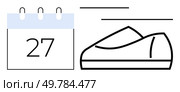 Calendar with the number 27 adjacent to a casual shoe, symbolizing scheduled physical activities or daily tasks. Ideal for time management, fitness plans, reminders, sports apps, daily routines. Calendar Page with Number 27 and Casual Shoe Symbolizing Scheduled Activities and Daily Routines. Стоковая иллюстрация, агентство Ingram Publishing / Фотобанк Лори