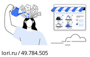 Person watering head, flowers growing, next to online store window with shopping bags. Ideal for self-care, growth mindset, online retail, e-commerce, mental health, digital marketing lifestyle. Self-Development and Online Shopping Concept with Person Watering Head and Website Interface. Стоковая иллюстрация, агентство Ingram Publishing / Фотобанк Лори