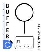Measuring tape marked as Buffer, magnifying glass, and a credit card. Ideal for financial planning, analytical insights, business strategy, budget management, credit analysis, precision measurement. Measuring Tape, Magnifying Glass, and Credit Card Highlighting Analysis and Financial Insights. Стоковая иллюстрация, агентство Ingram Publishing / Фотобанк Лори