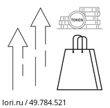 Stacked coins with a token, shopping bag, and upward arrows suggesting economic growth and prosperity. Ideal for financial success, investing, e-commerce, market trends, business development, retail. Stacked Coins, Token, and Shopping Bag with Upward Arrows to Indicate Financial Growth. Стоковая иллюстрация, агентство Ingram Publishing / Фотобанк Лори