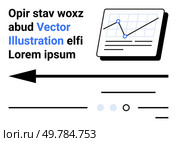 Graph chart with two points and grid background, bold arrow directing leftwards, placeholder text in black and blue fonts. Ideal for data presentation, info graphics, analytics, navigation, business. Simple Graphic of Data Visualization with Arrow and Sample Text for Information Display. Стоковая иллюстрация, агентство Ingram Publishing / Фотобанк Лори