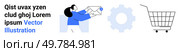 Individual interacting with an envelope, cogwheel symbol, and shopping cart illustration. Ideal for email marketing, e-commerce, digital communication, tech services, online shopping platforms. Person Sending Email, Gear Icon, and Shopping Cart for Digital Communication and E-commerce Themes. Стоковая иллюстрация, агентство Ingram Publishing / Фотобанк Лори