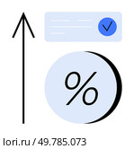 Upward arrow alongside circular percentage icon and checkmark in blue circle. Ideal for growth, success, achievement, financial progress, performance metrics, business analysis, and data. Rising Percentages with Checkmark and Upward Arrow Indicating Growth and Achievement. Стоковая иллюстрация, агентство Ingram Publishing / Фотобанк Лори