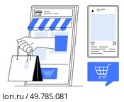 Hand holding shopping bags emerging from a tablet storefront with awning, social media interface on the side and blue shopping cart icon below. Ideal for online shopping, e-commerce, retail, digital. E-commerce Shopping Concept with Online Storefront, Hand Holding Shopping Bags, and Mobile Interface. Стоковая иллюстрация, агентство Ingram Publishing / Фотобанк Лори