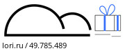 Black cloud outline adjacent to gift-wrapped box with blue ribbon. Ideal for topics on cloud storage, e-commerce, celebrations, digital gifts, online shopping, technology services, delivery services. Cloud with Wrapped Gift Box Presenting Concept of Storage or Delivery. Стоковая иллюстрация, агентство Ingram Publishing / Фотобанк Лори