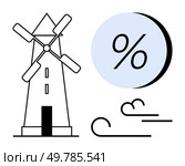 Windmill alongside percent symbol within a blue circle, with stylized wind gusts. Ideal for energy concepts, sustainability, climate policies, renewable resources, economic strategies, windy weather. Windmill and Percent Symbol with Wind Gusts Representing Energy Efficiency and Sustainability. Стоковая иллюстрация, агентство Ingram Publishing / Фотобанк Лори