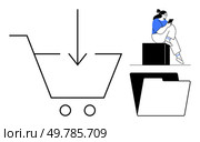 Shopping cart with downward arrow, person sitting on cube reading, and folder. Ideal for e-commerce, file management, organization, digital downloads, education, online shopping modern concepts. Cart with Downward Arrow and Woman Reading on Cube Next to Folder. Стоковая иллюстрация, агентство Ingram Publishing / Фотобанк Лори