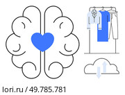Central brain with blue heart, minimalist clothing rack, and cloud with arrows illustrating balance. Ideal for mental health, minimalism, organization, wellness, lifestyle simplicity, decluttering. Mental Wellbeing and Simplification through Minimalist Lifestyle Represented by Brain and Clothing. Стоковая иллюстрация, агентство Ingram Publishing / Фотобанк Лори