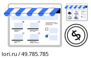 E-commerce website under blue striped canopy showcasing product listings, heart icons, and a dollar sign. Ideal for online shopping, digital marketing, e-commerce platforms, web design, storefronts. E-commerce Website with Blue Storefront Canopy and Shopping Cart Icons. Стоковая иллюстрация, агентство Ingram Publishing / Фотобанк Лори
