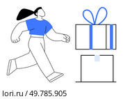 Woman running energetically towards a gift box with ribbon while an open box sits below. Ideal for celebration, delivery, surprise, shopping, giving, excitement, and holiday themes. Line metaphor. Woman in blue top running towards a gift box with ribbon and an open box underneath. Стоковая иллюстрация, агентство Ingram Publishing / Фотобанк Лори