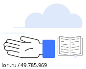 Open hand reaching out with a blue cuff, open book with ribbon, light blue cloud. Ideal for education, generosity, support, imagination, creativity learning inspiration. Line metaphor. Open Hand and Book with Cloud in Background Representing Generosity, Knowledge, and Dreams. Стоковая иллюстрация, агентство Ingram Publishing / Фотобанк Лори