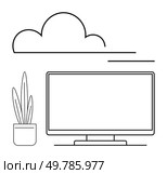 Computer monitor with potted plant beside, overlaid cloud icon, implying cloud connectivity and modern workspace. Ideal for tech, office, remote work, software, productivity, cloud computing digital. Modern Workspace Setup with Computer Monitor, Potted Plant, and Cloud Technology. Стоковая иллюстрация, агентство Ingram Publishing / Фотобанк Лори