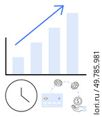 Bar chart with upward arrow indicating growth, accompanied by clock, credit card, hand with coin, and dollar icons. Ideal for finance, investment, business growth, time management marketing. Financial Growth Chart with Clock, Credit Card, and Money Circulation Icons Indicating Time and Profit. Стоковая иллюстрация, агентство Ingram Publishing / Фотобанк Лори