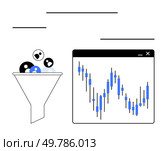 Funnel with diverse audience icons leading to a candlestick chart on a digital interface. Ideal for digital marketing, target audience analysis, SEO strategy, stock market analysis, user behavior. Digital Marketing Funnel with Audience Personas and Stock Market Candlestick Chart Analysis. Стоковая иллюстрация, агентство Ingram Publishing / Фотобанк Лори