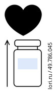 Black heart above a medicine bottle with an upward arrow representing health improvement growth love, healing, wellness, care, support. Ideal for health, wellness, pharmacy themes. Line metaphor. Heart Above Medicine Bottle with Arrow Suggesting Growth or Enhancement of Wellness. Стоковая иллюстрация, агентство Ingram Publishing / Фотобанк Лори