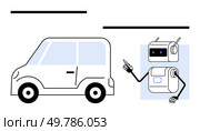 Compact self-driving car parked side by side with a friendly robot instructing. Ideal for tech, AI, automation, transport, innovation, communication, robotics. Line metaphor. Futuristic Robot Communicating with Compact Self-Driving Car Concept. Стоковая иллюстрация, агентство Ingram Publishing / Фотобанк Лори