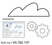 Cloud hovering above an analytics dashboard and two cogwheels. Ideal for technology, data analysis, cloud computing, IT services, business analytics, digital transformation, system optimization. Line. Cloud computing with data analytics and machine settings highlighted by graph and cogwheel iconography. Стоковая иллюстрация, агентство Ingram Publishing / Фотобанк Лори