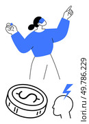 Blindfolded woman reaching out, dollar coin, lightning bolt over head symbolizing ideas. Ideal for innovation, creativity, investment, finance, entrepreneurship, brainstorming visionary insights. Futuristic businesses concepts featuring a blindfolded woman, a dollar coin, and a lightning bolt brain icon. Стоковая иллюстрация, агентство Ingram Publishing / Фотобанк Лори