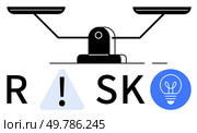 Scale balancing on central pivot with risk warning triangle symbol and idea lightbulb. Ideal for business strategies, decision making, risk management, innovation, creativity, balancing act. Balancing Risk and Innovation Represented by Scale, Warning Triangle, and Lightbulb Icons. Стоковая иллюстрация, агентство Ingram Publishing / Фотобанк Лори