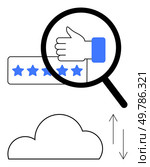 Magnifying glass enlarged thumbs-up and five-star ratings, cloud with up and down arrows. Ideal for customer feedback, data analysis, cloud storage, online reviews, service quality, data migration. Magnifying Glass over Thumbs-Up and Rating Stars with Cloud and Arrows Indicating Data Transfer. Стоковая иллюстрация, агентство Ingram Publishing / Фотобанк Лори