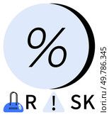 Percent sign within a blue circle with a halved split, accompanied by a handbag, letter R, exclamation mark inside a triangle, and letter SK. Ideal for finance, risk management, warnings, banking. Financial Risk Assessment Concept with Percent Sign and Warning Symbols in Modern Design. Стоковая иллюстрация, агентство Ingram Publishing / Фотобанк Лори