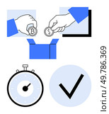Two hands hold Bitcoin and Dollar coins, depositing into a box. Stopwatch indicates time, a check mark symbolizes verification. Ideal for finance, cryptocurrency, investment, timing, security. Cryptocurrency Transactions, Financial Exchange, Time Management, and Verification Symbols. Стоковая иллюстрация, агентство Ingram Publishing / Фотобанк Лори