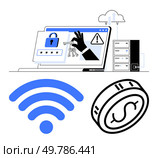 Laptop screen displays password entry, lock sign, and hacker hand with keys near server stack, wireless symbol, and currency coin icon. Ideal for cybersecurity, online privacy, wireless security. Cybersecurity Measures with Icons Representing Secure Passwords, wireless, and Digital Transactions. Стоковая иллюстрация, агентство Ingram Publishing / Фотобанк Лори