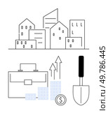 Outline of city buildings with briefcase, stacks of coins, arrows showing growth, and a trowel. Ideal for real estate, city planning, investment, business growth, construction urbanization economic. Cityscape with Office Buildings, Briefcase, Coin, Growing Diagram, Trowel Indicating Urban Development. Стоковая иллюстрация, агентство Ingram Publishing / Фотобанк Лори