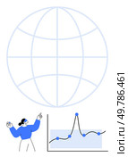 Person analyzing data chart with upward trend next to globe. Ideal for business insights, global market analysis, data interpretation, economic growth, educational purposes, strategy planning. Data Analysis and Global Trends Exploring Graphical Representation with Confidence. Стоковая иллюстрация, агентство Ingram Publishing / Фотобанк Лори
