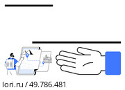 Man with backpack touching tablet, map and location icons indicating navigation, landmark sketch. Large hand to right provides metaphor for assistance. Ideal for travel, navigation, technology. Man with Backpack Using Tablet for Navigation Near Large Hand Symbolizing Guidance and Assistance. Стоковая иллюстрация, агентство Ingram Publishing / Фотобанк Лори