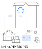 Depicts stacked boxes, warehouse with packages, credit card transaction, and hand receiving payment. Ideal for logistics, e-commerce, inventory management, online payment, supply chain fulfillment. Efficient Warehouse Management and E-commerce Integration Highlighting Order Fulfillment. Стоковая иллюстрация, агентство Ingram Publishing / Фотобанк Лори