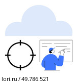 Large cloud icon above a target symbol and person pointing at data on a board. Ideal for data analysis, cloud computing, strategic planning, technology, presentations, business strategies. Cloud Technology and Targeted Approach Concept with Person Pointing at Data on Board. Стоковая иллюстрация, агентство Ingram Publishing / Фотобанк Лори