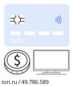 Credit card with chip, contactless icon, currency coin, and computer monitor. Ideal for finance, online payments, banking, contactless transactions digital commerce technology e-commerce. Line. Credit card with chip and contactless icon, currency coin, and computer monitor representing digital transactions. Стоковая иллюстрация, агентство Ingram Publishing / Фотобанк Лори