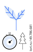 Leaf with blue veins, stopwatch with black outline, minimalistic tree. Ideal for environmental awareness, time management, nature conservation, sustainability, eco-friendly practices, efficiency. Energy Efficiency and Sustainability Representation with Leaf, Stopwatch, and Tree Symbols. Стоковая иллюстрация, агентство Ingram Publishing / Фотобанк Лори
