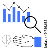 Blue bar graph with trendline, magnifying glass, outstretched hand, and lightbulb with brain inside. Ideal for data analysis, innovation, research, solutions, strategy brainstorming and discovery. Business Analysis and Innovation Concepts with Graph, Magnifying Glass, Hand, and Lightbulb. Стоковая иллюстрация, агентство Ingram Publishing / Фотобанк Лори