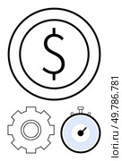 Coin with dollar sign gear stopwatch. Ideal for finance, economy, productivity, efficiency, business operations, time management, investment. Line metaphor. Coin with Dollar Sign, Gear, and Stopwatch Representing Finance, Mechanisms, and Time Management. Стоковая иллюстрация, агентство Ingram Publishing / Фотобанк Лори