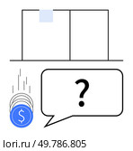 Stacked coins descending towards speech bubble with question mark, next to simplified ledger. Ideal for finance, budgeting, accounting, profit analysis, expense management, business strategy. Analyzing Financial Outcomes Through Bookkeeping and Question Solving Concept. Стоковая иллюстрация, агентство Ingram Publishing / Фотобанк Лори