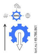 Gear with WMS connects warehouse cart and globe. Ideal for logistics, efficiency, technology, supply chain, inventory, automation, global reach. Line metaphor. Streamlined Warehouse Management System Workflow with Global Connectivity. Стоковая иллюстрация, агентство Ingram Publishing / Фотобанк Лори