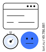 Web browser window stopwatch blue neutral face icon. Ideal for productivity apps, time tracking, project management, efficiency tools, online tasks, user interfaces, mood indicators. Line metaphor. Time Management Interface with Progress Indicator and Neutral Emotion Face. Стоковая иллюстрация, агентство Ingram Publishing / Фотобанк Лори