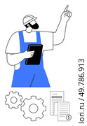 Construction worker pointing up holding a tablet, invoice and gear icons below. Ideal for finance, management, planning, engineering, technical support, digital tools business processes. Line. Construction Worker Holding Tablet Pointing Up with Invoice, Gear Icons Below. Стоковая иллюстрация, агентство Ingram Publishing / Фотобанк Лори