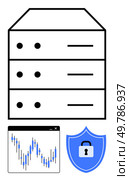 Three-tier data server stack, analytics graph with fluctuating data points, security shield with lock. Ideal for data storage, cybersecurity, network security, data analysis, IT infrastructure. Data Servers with Security Shield and Analytics Graph for Reliable, Secure Data Management. Стоковая иллюстрация, агентство Ingram Publishing / Фотобанк Лори