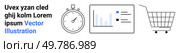 Stopwatch, analytical graph, and shopping cart. Ideal for digital marketing, e-commerce, analytics, time management, performance tracking, retail applications, productivity tools. Banner for landing. Elements Symbolizing Time, Analytics, and Shopping on a Minimalistic Design. Стоковая иллюстрация, агентство Ingram Publishing / Фотобанк Лори