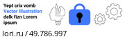 Blue padlock, human head with upward arrow, and two gears. Ideal for tech security, innovation, business strategy, intellectual property, automation, system integration, cybersecurity. Banner. Blue padlock with upward arrow human head and gears representing innovation, security, and technology. Стоковая иллюстрация, агентство Ingram Publishing / Фотобанк Лори