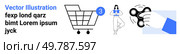Shopping cart with number three, woman in casual attire, hand holding fidget spinner. Ideal for ecommerce, online shopping, retail stores, consumer goods, marketing, UXUI design, landing page. Shopping Cart, Woman Standing, and Hand Holding Fidget Spinner Design for Online Store. Стоковая иллюстрация, агентство Ingram Publishing / Фотобанк Лори