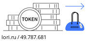 Digital tokens stacked with TOKEN label being transferred to a shopping bag via a blue arrow. Ideal for digital transactions, cryptocurrency usage, online shopping, blockchain technology, ecommerce. Digital tokens being transferred to a shopping bag, illustrating the concept of cryptocurrency shopping. Стоковая иллюстрация, агентство Ingram Publishing / Фотобанк Лори