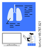 Doctor pointing at a lung diagram with detailed annotations during an online medical session via a computer screen. Ideal for medical education, healthcare training, respiratory studies. Doctor Presenting Lung Diagram with Annotated Notes and Large Display Screen for Medical Training. Стоковая иллюстрация, агентство Ingram Publishing / Фотобанк Лори