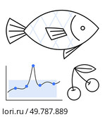 Fish with geometric pattern line graph with data points and cherries outline. Ideal for themes of balance, growth, statistics, nature, sustainability, harmony, minimalism. Line metaphor. Abstract Fish with Graph and Cherry Elements Symbolizing Balance and Growth. Стоковая иллюстрация, агентство Ingram Publishing / Фотобанк Лори