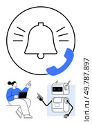 A notification bell, blue phone icon, human with laptop, and friendly robot illustrate modern tech interaction. Ideal for technology, communication, automation, alerts, user engagement. Notification Alert Concept with Human and Robot Interaction in Modern Communication. Стоковая иллюстрация, агентство Ingram Publishing / Фотобанк Лори